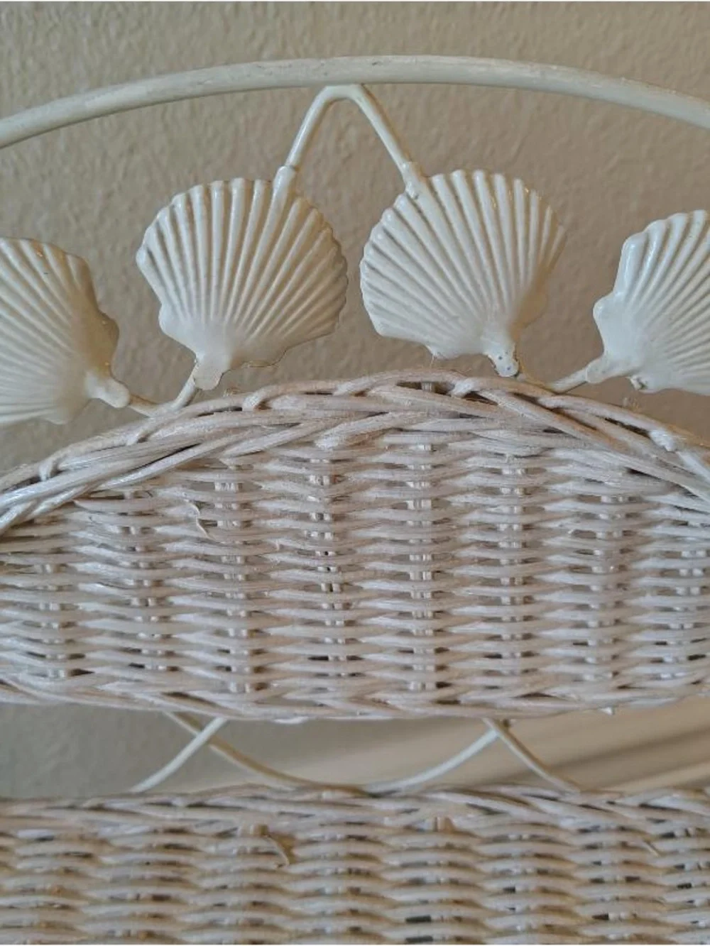 Vtg Wicker Rattan & Wire 2 Tiered Shelf White Hanging Coastal Cottage Seashells
